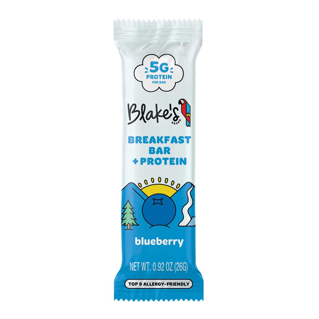 Blake's 5G Protein Breakfast Bar packaging with blueberry flavor on a white background