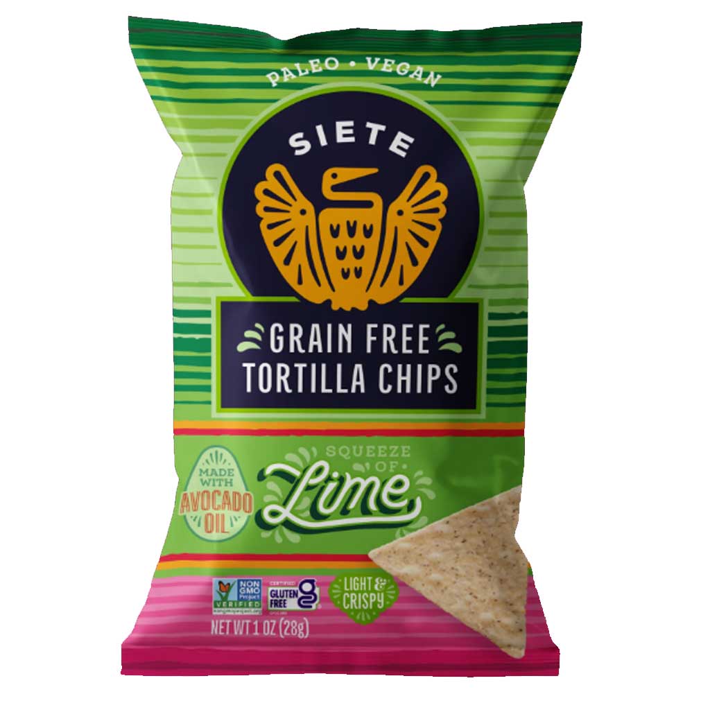 Siete Grain Free Tortilla Chips package with lime flavor on a white background