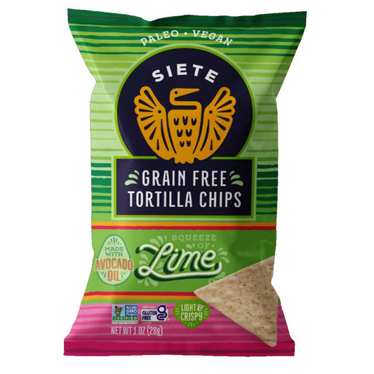 Siete Grain Free Tortilla Chips package with lime flavor on a white background