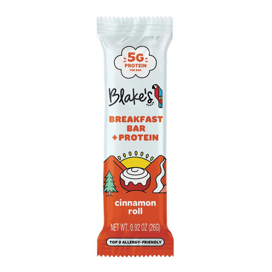 Blake's Breakfast Bar + Protein Cinnamon Roll flavor package on a white background