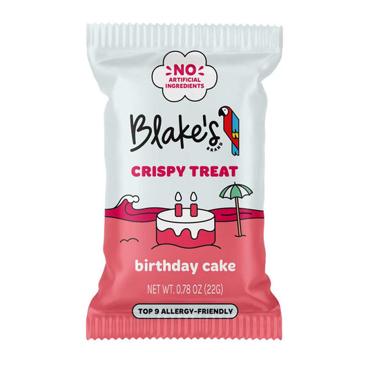 Blake's Crispy Treat packaging for birthday cake flavor on a white background
