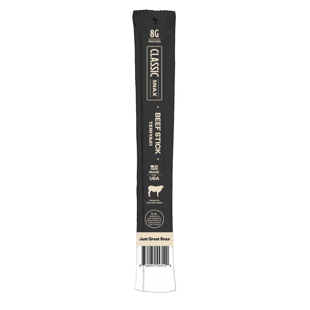 Black beef stick packaging with 'Classic Snax' branding on a white background