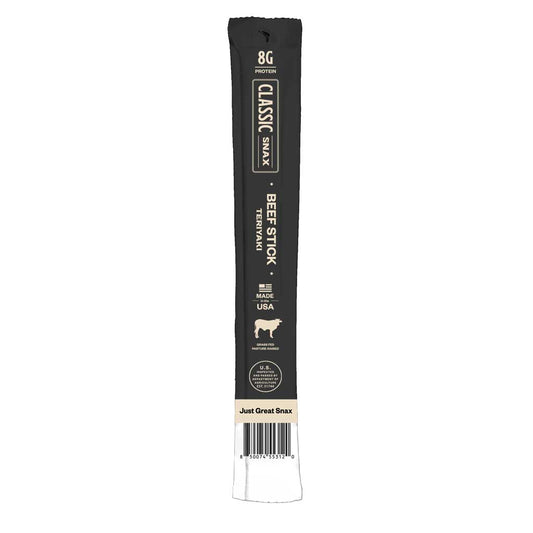 Black beef stick packaging with 'Classic Snax' branding on a white background